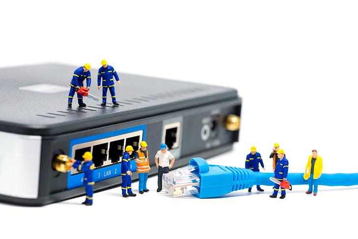 blue RJ45 lan cable, doll, cleaning, miniatures, group of people, HD wallpaper