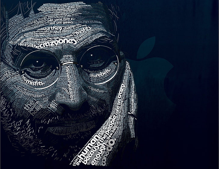 Steve Jobs typography art, typographic portraits, blue, disguise