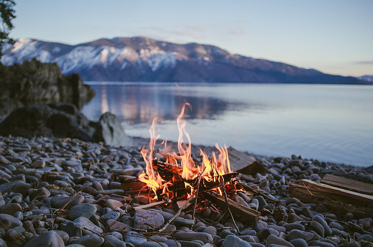 bone fire, Mountains, Trees, River, Forest, Stones, The fire