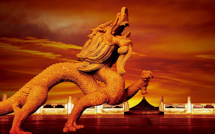 chinese dragon, sculpture, art and craft, representation, statue, HD wallpaper