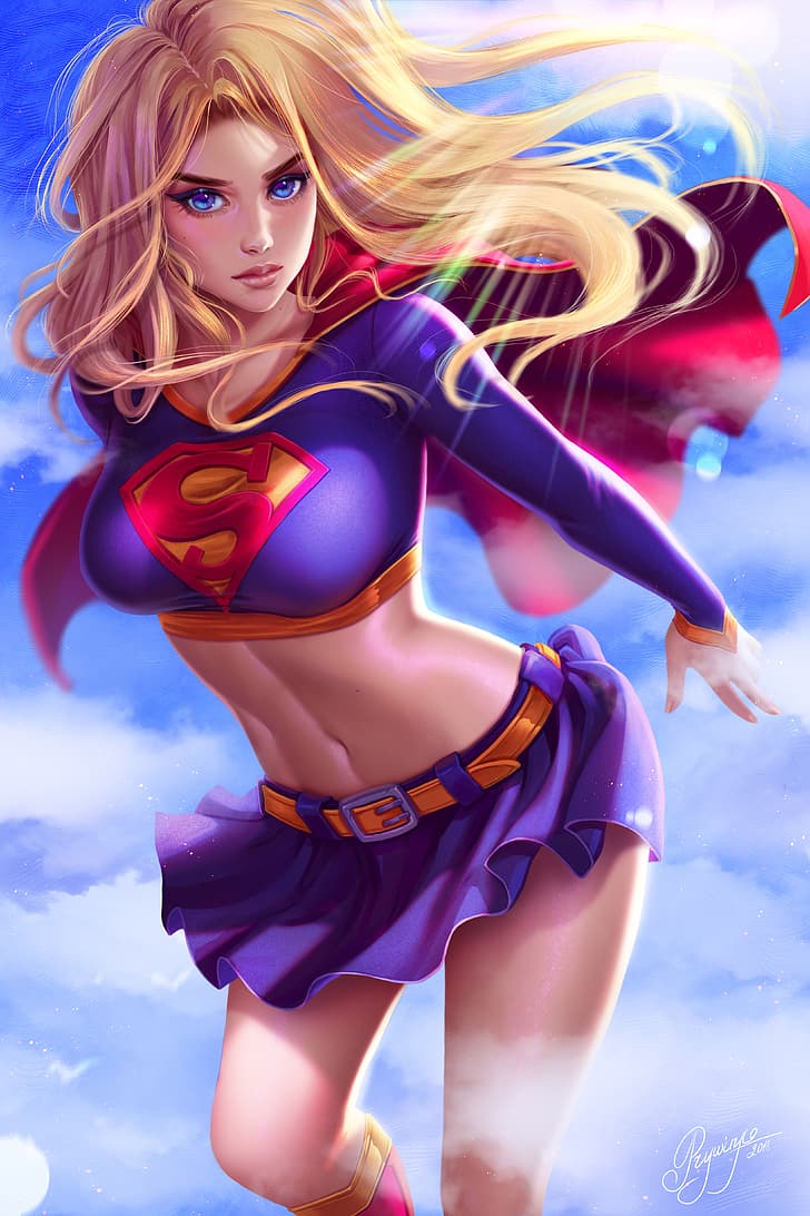 Supergirl, DC Comics, superheroines, blonde, blue eyes, sun rays, HD wallpaper