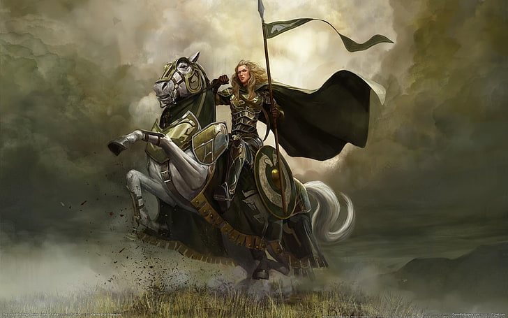 knight riding on horse illustration, fantasy art, warrior, cloud - sky, HD wallpaper