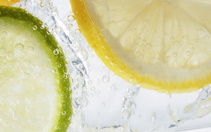 lemon and lime fruits, water, drops, immersion, freshness, slice