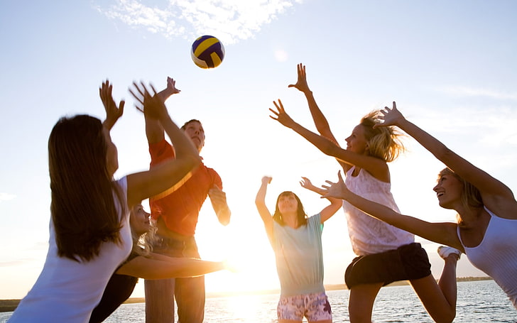 women, beach volleyball, playing, backlighting, leisure activity