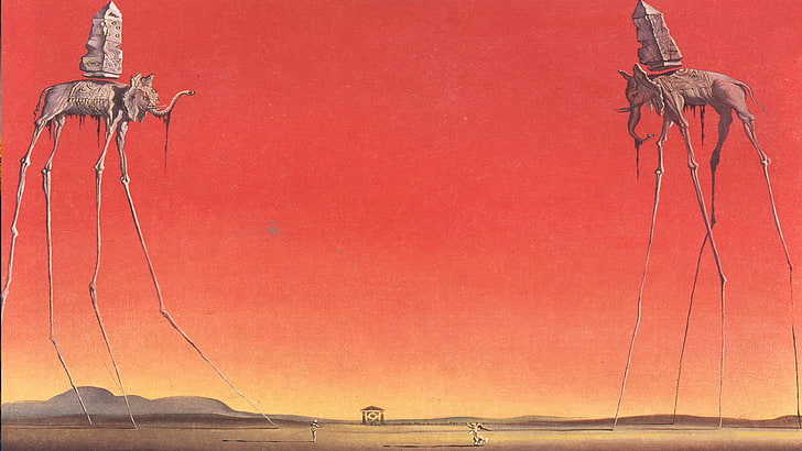 two long legged elephants painting, surreal, Salvador Dalí, no people