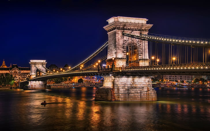 Chain Bridge, Hungary, Budapest, architecture, lantern, night, HD wallpaper