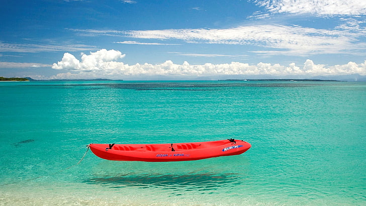 red kayak, boat, sea, water, sky, cloud - sky, horizon over water, HD wallpaper
