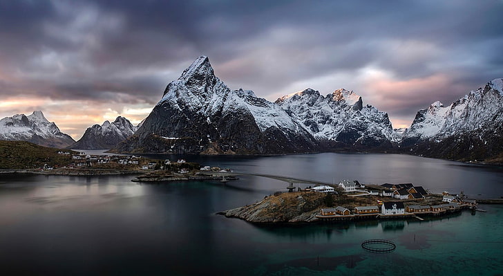 snowy mountain, mountains, town, island, Norway, Lofoten, bridge, HD wallpaper