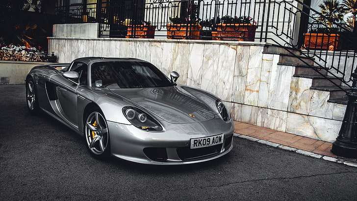 silver sports car, speed, supercar, luxury, exotic, Porsche Carrera GT