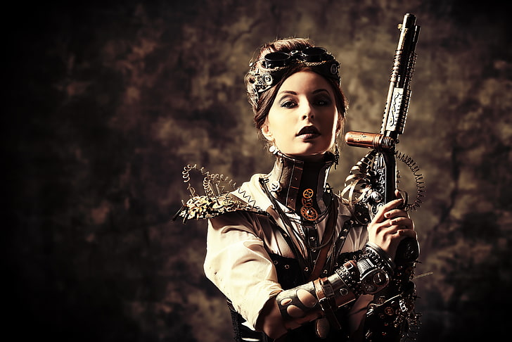 steampunk, model, women, brunette, costumes, weapon, adult, HD wallpaper