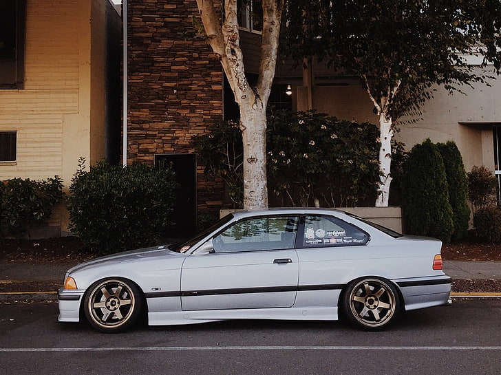 car, BMW E36, Stance, lowered, tuning, trees, Bushes, house, HD wallpaper