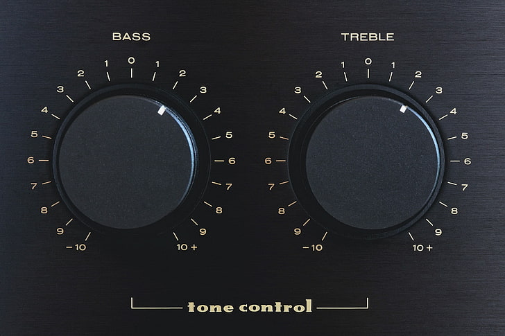 black tone control knobs, Bass, treble, music, technology, close-up