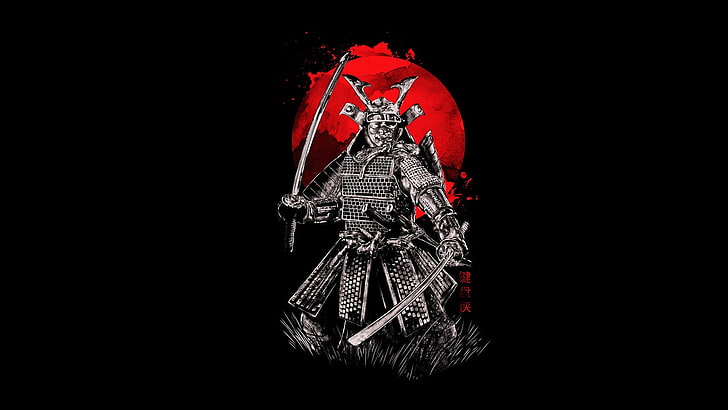 samurai illustration, blood, armor, swords, black background