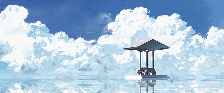 sky, clouds, fishing, anime girls, water, 4K, ultrawide