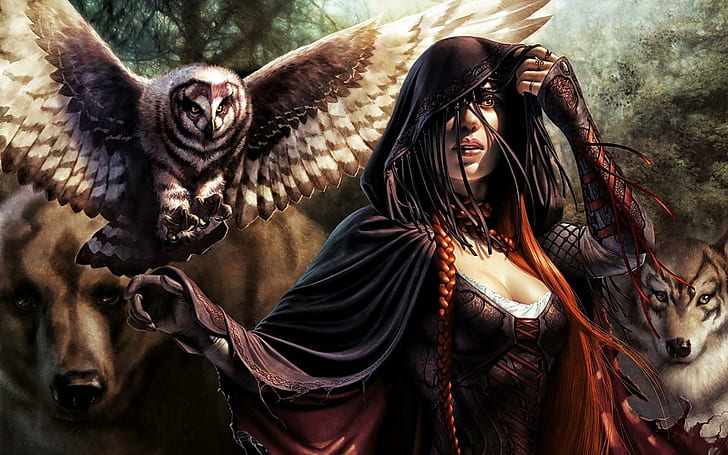Huntress, feathers, woman, fantasy, hunter, druid, wings, cloak, HD wallpaper