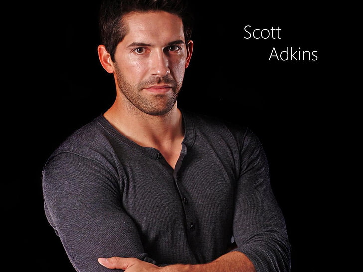 Scott Adkins with text overlay, brunette, face, hair, muscles