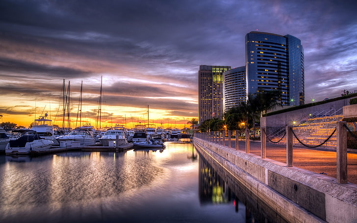 cityscape, building, sunset, HDR, bridge, boat, California, HD wallpaper