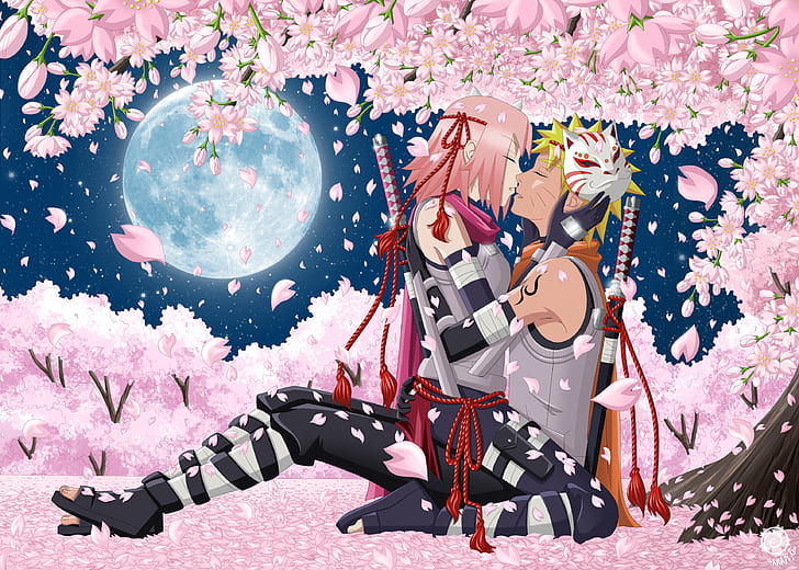 the sky, girl, stars, trees, flowers, night, weapons, the moon, HD wallpaper