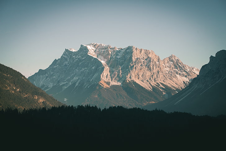 gray mountain, mountains, landscape, nature, snow, forest, mountain Peak, HD wallpaper