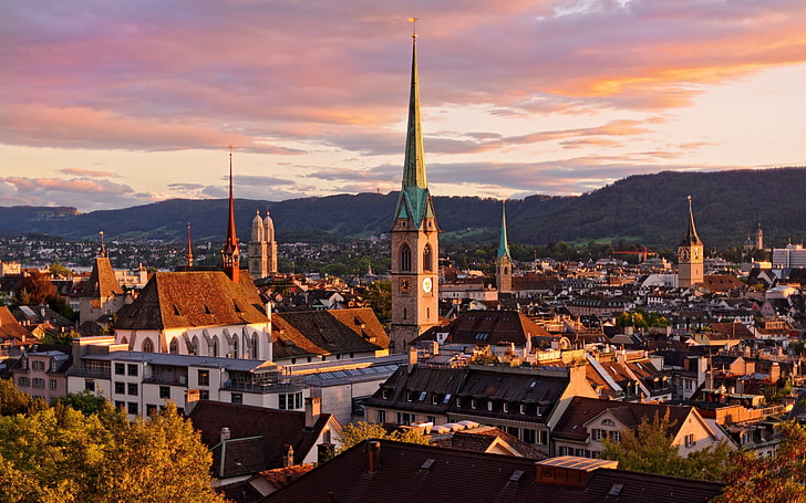 city, sky, clouds, mountains, sunset, Zurich, Switzerland, architecture