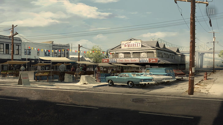 vintage teal coupe, Mafia III, artwork, video games, architecture