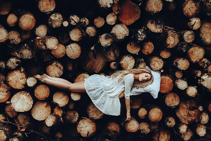 women, wood, sleeping, HD wallpaper
