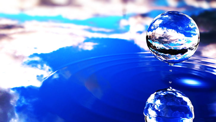 water drop, water drops, reflection, sphere, blue, no people, HD wallpaper