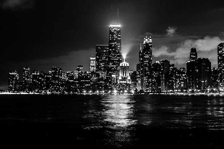 HD wallpaper: black and white, chicago, city, city lights, lake michigan |  Wallpaper Flare