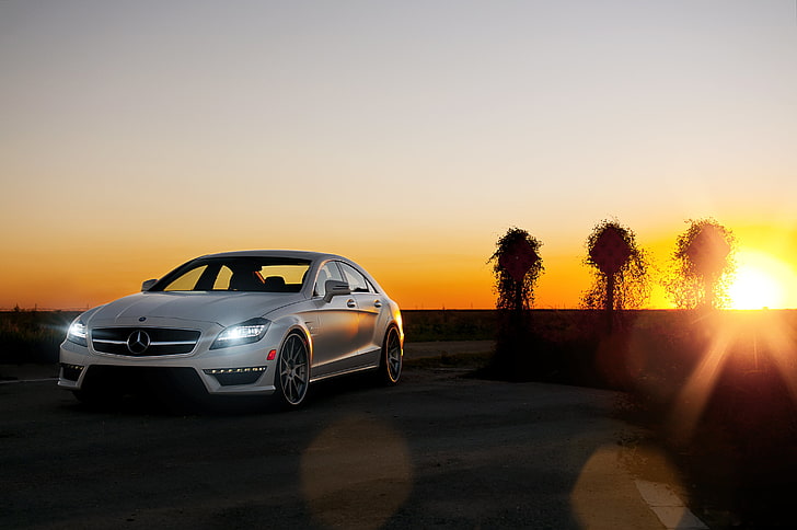 silver Mercedes-Benz sedan, white, the sky, the sun, sunset, Blik