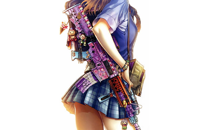 anime, anime girls, weapon, girls with guns, short skirt