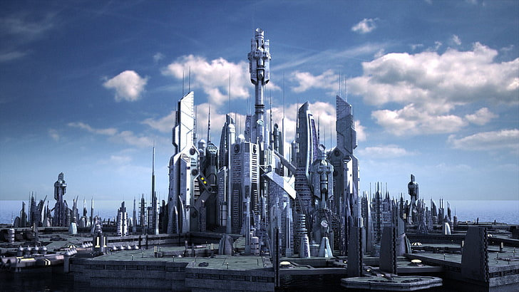 gray high rise building wallpaper, digital art, futuristic, futuristic city