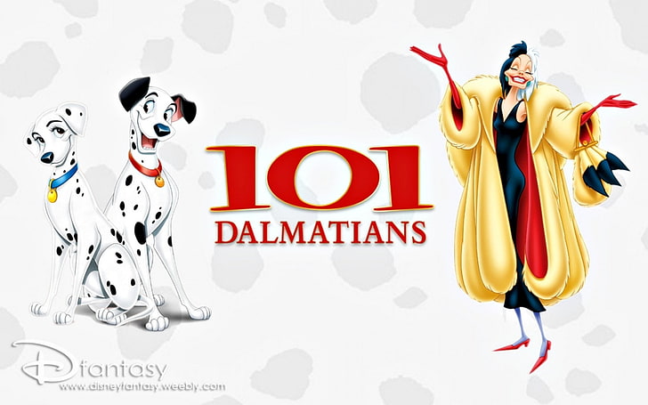 101 Dalmatians, poster, red, movie, cruella, black, animal