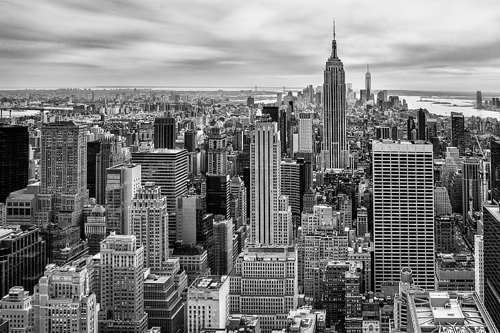 grayscale photography of high-rise buildings, Midtown Manhattan, HD wallpaper