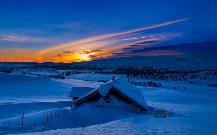 landscape, sunset, winter, snow, cottage, cold temperature, HD wallpaper