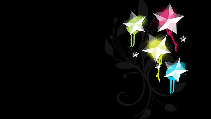 graphic design, stars, floral, black background, colorful, digital art, HD wallpaper