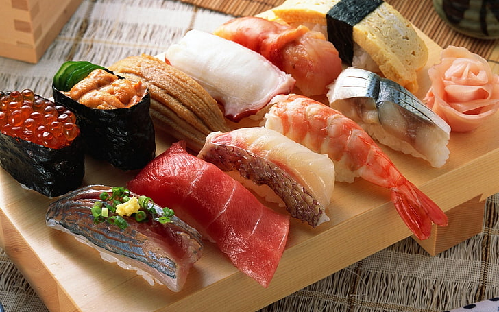 tray of sushi, rolls, seafood, fish, salmon, meal, prepared Fish