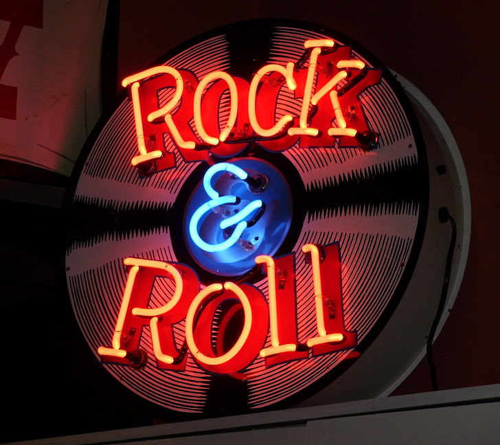 red rock & roll neon light signage, rock & roll, indoors, HD wallpaper
