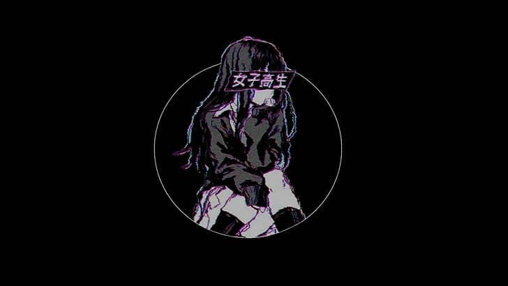 black background, chromatic aberration, kanji, anime, circle