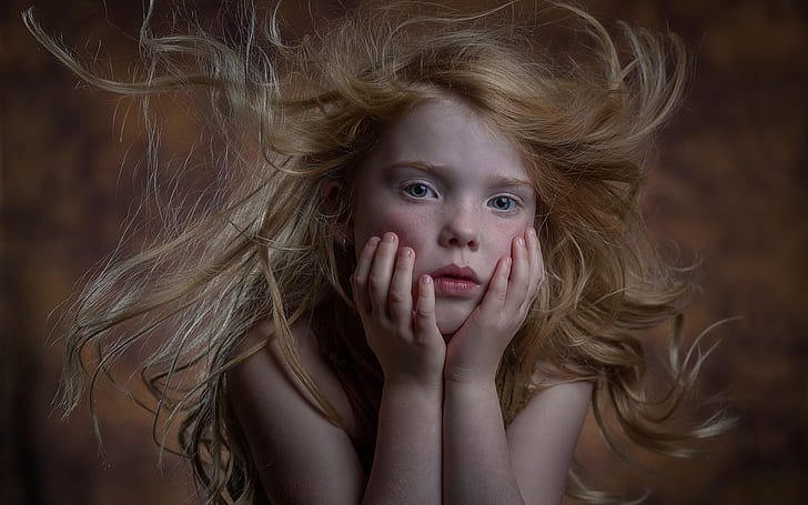 Cute little girl, freckles, portrait, hair flying, HD wallpaper