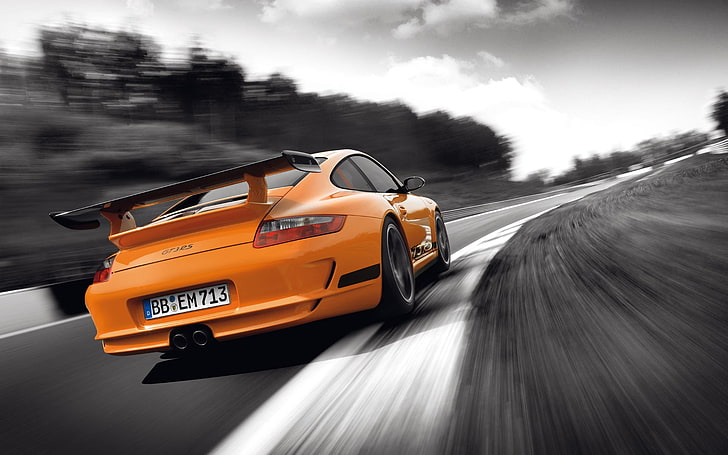 vehicle, car, Porsche, motion blur, rear view, Porsche GT3RS, HD wallpaper