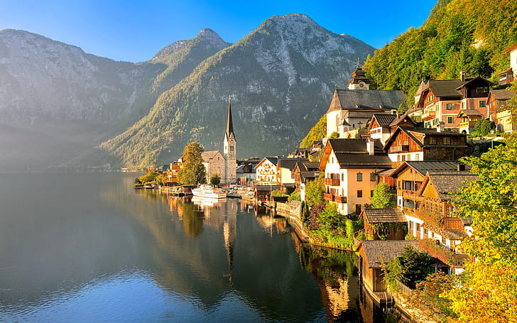 Austria, Hallstatt, Salzkammergut, autumn, house, lake, mountains, sunlight