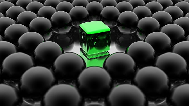3D, Abstract, Balls, Green Cube