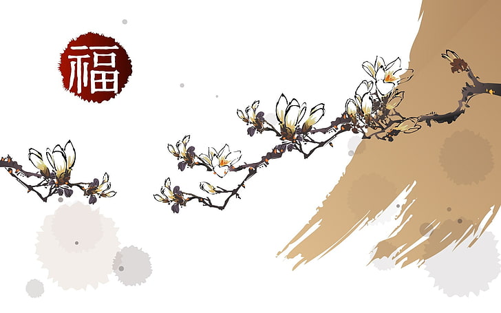 painting of white petaled flowers, artwork, minimalism, Chinese