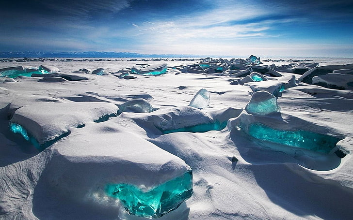 green stones, ice field during daytime, Russia, Siberia, snow, HD wallpaper