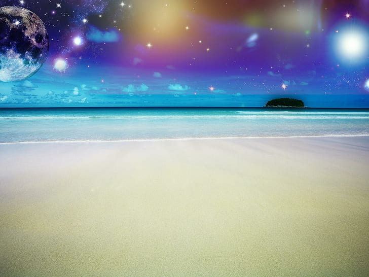 Celestial Sky, space, stars, scifi, nature, water, beach, sand