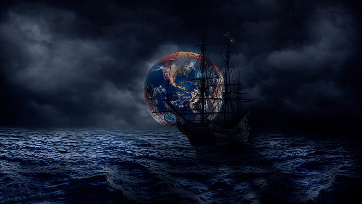 ship, Pirate ship, boat, sailing ship, blue, water, sea, planet, HD wallpaper