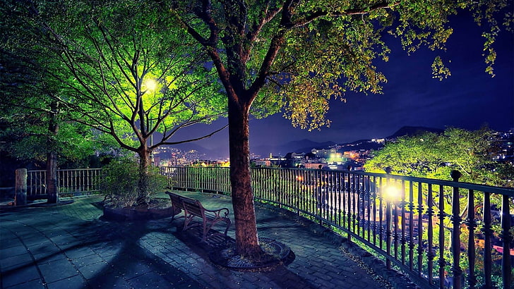 green trees by night wallpaper, cityscape, bench, lantern, plant