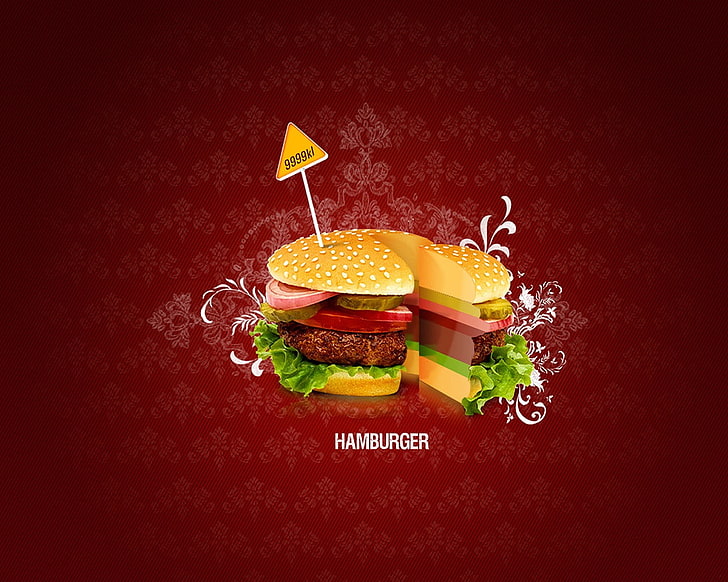 green and silver-colored ring, hamburgers, meat, food, digital art, HD wallpaper