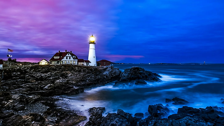 sea, tower, sky, lighthouse, shore, portland head light, coast, HD wallpaper