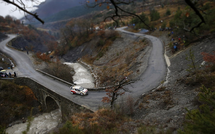 white vehicle, untitled, tilt shift, Rally, rally cars, river, HD wallpaper